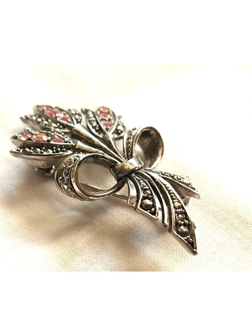 Vintage Silver Tone Floral Brooch Pink Rhinestones Bow Accent Elegant Design